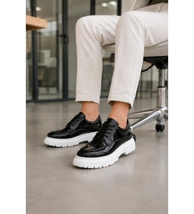 Verlixo Bağcıklı Parlak Rugan Erkek Casual Sneaker Klasik Günlük Ayakkabı - Siyah