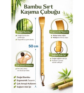 Bambu Ahşap Sırt Kaşıyıcı, Uzun Saplı Ergonomik Tasarım, Dişli ve Pürüzsüz Kaşıma Başlığı, Kaymaz Gövde, Askı İpli Asılabilir Yapı, Dayanıklı ve Doğal Ahşap Vücut Kaşıma Aparatı