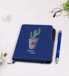 BK Gift Kişiye Özel Kaktüs Tasarımlı Lacivert Termo Deri Defter Kalem Seti-5