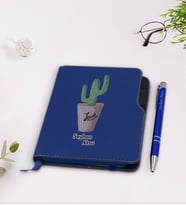 BK Gift Kişiye Özel Kaktüs Tasarımlı Lacivert Termo Deri Defter Kalem Seti-5