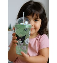 Kuromi Temalı Suluk Pipetli Buzlu Cam Görünümlü 450 ML Çift Katman Mika Su Şişesi 2647 Yeşil