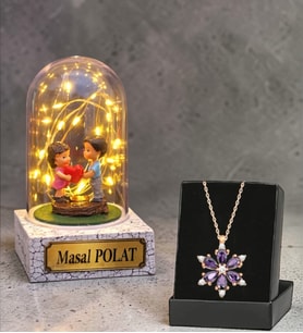Size Özel Kalp Tutan Çiftli Led Işıklı Fanus ve Gerçek Ametist Taşlı Lotus Kolye