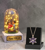 Size Özel Kalp Tutan Çiftli Led Işıklı Fanus ve Gerçek Ametist Taşlı Lotus Kolye