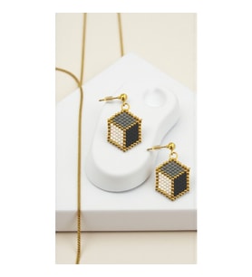 Miyuki Boncuk El Yapımı Gold Küp Küpe Gri Siyah
