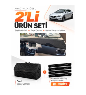 e-biz VOLVO V40 (2012-2019) Uyumlu Torpido Örtüsü + Deri Bagaj Çantası Seti - Siyah - VO005