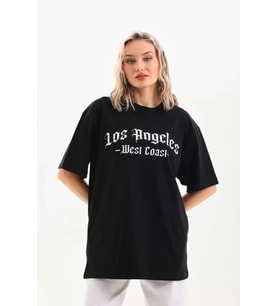 Unisex Baskılı Oversize T-Shirt - Siyah