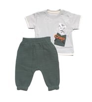 Erkek Bebek Gri Yeşil Müslin Pantolonlu Kaplan Baskılı 2'li Takım