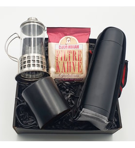 Siyah Kilitli Kapaklı Çelik Termos & Metal Kulplu French Press & Siyah Kupa & Colombian Filtre Kahve