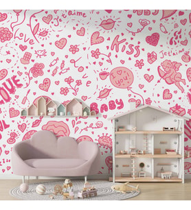 Pembe Kalp Desenli Duvar Kağıdı Baskı