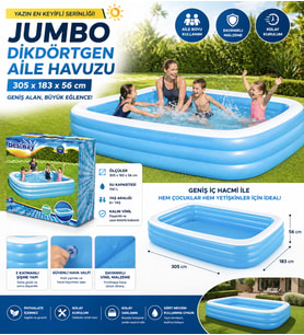 Jumbo Aile Havuzu 305x183x56 cm Şişme Dikdörtgen Bahçe Havuzu Geniş ve Dayanıklı Tasarım