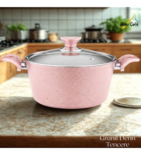 ARZU ÇELİK 28 Cm Granit Derin Tencere Cam Kapak - Pembe