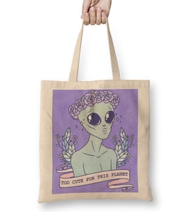 Cute Alien Uzaylı Bez Çanta Uzun Saplı
