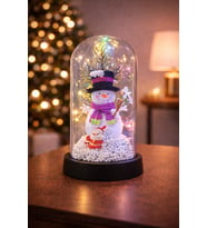 Cam Fanus İçinde Renkli LED Işıklı Yılbaşı Figürü Noel Baba / Ayıcık / Kardan Adam Dekoratif (Ekru-Siyah)