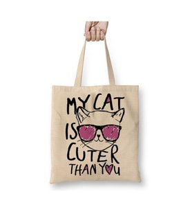 My Cat Is Cuter Than You Kedi Beyaz Bez Çanta Uzun Saplı Alışveriş Çantası Plaj Çantası