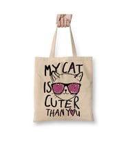 My Cat Is Cuter Than You Kedi Beyaz Bez Çanta Uzun Saplı Alışveriş Çantası Plaj Çantası