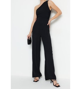 Kadın Moda Tek Kol Boru Paça Asimetrik Yaka Düz Desen Uzun Tek Omuz Maxi Geniş Paça Dokuma Tulum