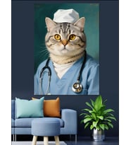 Doktor Kıyafetli Kedi Portresi Dekoratif Kanvas - Mdf Ahşap Tablo