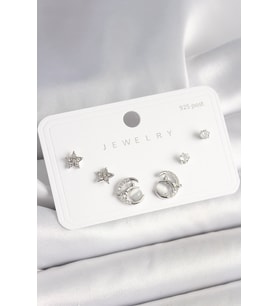 925 Ayar Gümüş Çivi Zirkon Taşlı Hilal Yıldız Model Kadın Küpe Seti TJ-BKP10398