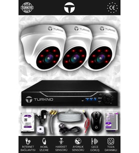 TURKNO 3 Kameralı Domia 3 İç Kamera Set 250 GB HDD Full HD Gece Görüşlü Güvenlik Kamerası Sistemi