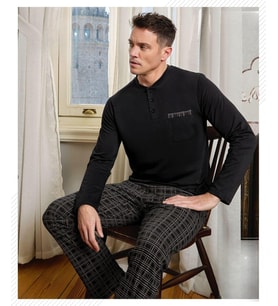 Pijamoni Erkek Düğme Yaka Uzun Kol Mevsimlik Pijama Takımı 6800/14 - 1 Adet (Siyah)