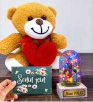 Renkli Led Işıklı Kişiye Özel Fanus ve Kalpli Peluş Ayıcık Hediye Seti (Model 1)