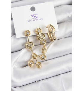 Pirinç Zİrkon Taşlı Geometrik Model Gold Renk 3'lü Kadın Küpe 5886 - SSSSSS9980-5262