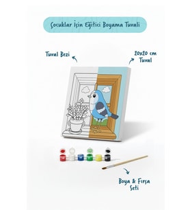 Pencere ve Kuş Temalı Çocuk Boyama Tuvali – Şövalesiz Eğitici Boyama Seti 20x20 cm
