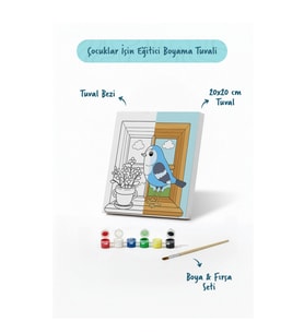 Pencere ve Kuş Temalı Çocuk Boyama Tuvali – Şövalesiz Eğitici Boyama Seti 20x20 cm