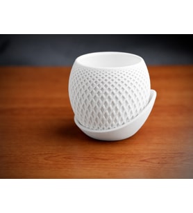 3D Baskı Küre Saksı - Kafes Dokulu İki Parçalı Dekoratif Saksı - Beyaz-Beyaz