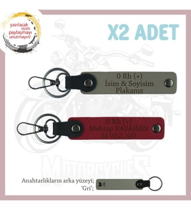 Bikerlar İçin Özel, İsim Plaka ve 0 Rh (+) Kan Grubu, Hediye x2 Anahtarlık Set, Kül Gri-Kırmızı-Gr (Çok Renkli)