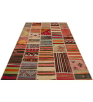 Kırmızı Patchwork Etnik Modern Desenli Yün Hav Toz Vermez Leke Tutmayan Salon Yolluk Mutfak El Dokuma Halı