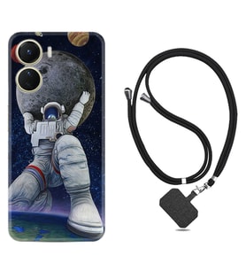 Vivo Y16 Kılıf Silikon Boyun Askılı İpli Desenli Silikon Astronot ve Dünya 1759