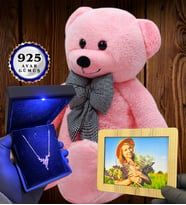 Size Özel Premium Set Büyük Boy Pembe Peluş Ayıcık ve Gerçek 925 Ayar Gümüş Kolye (Model 4)