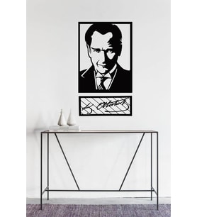 Mustafa Kemal Atatürk Portre Ve Imza Ahşap Mdf Duvar Dekoru Tablo (Siyah)