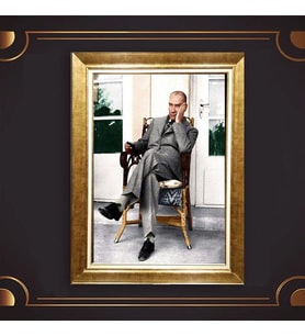 Altın Varaklı Çerçeveli Paspartulu Atatürk Tablo nl02A598 (Gold)