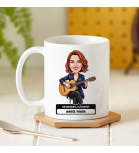 Gitarist Müzisyen Kadın Karikatürlü Kupa Bardak