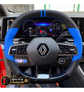 Renault Espace Dikme Direksiyon Kılıfı Delikli Deri Parlak Siyah Mavi Detay Çift Yüzük ve Dikiş 2023-2026