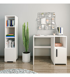 Kuzey Beyaz Çalışma Masası ve Kitaplık SET – Kompakt ve Şık Tasarım