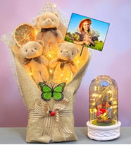 Size Özel Fotoğraflı Led Işıklı Peluş Ayıcık Buketi ve Led Işıklı Biblolu Fanus (Model 4)