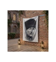 Siyah Beyaz Kalpaklı Atatürk Portresi poster Bayrak Raşel Kumaş 100x150 cm ATA30