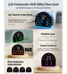 LED Dijital Alarm Saati Sıcaklık Tarih Gün Göstergeli Ortam Aydınlatmalı Çift Ekranlı Masa Saati Gec
