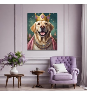 Tekli Dikey Kanvas Duvar Tablosu Prenses Kostümlü Sarı Labrador Köpek