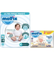 Molfix Premium Bebek Bezi Beden:4 (7-14KG) Maxi 86 Adet Ultra Fırsat Pk + 3 Adet Islak Mendil