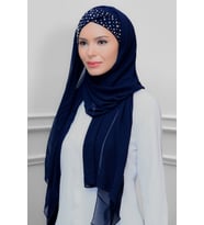 Lacivert Pratik Hazır Geçmeli Bone Şal Şifon Kendinden Boneli Taşlı Elişi İşlemeli 1450_02