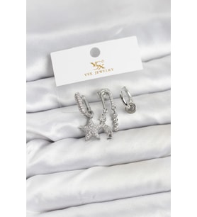 Pirinç Gümüş Renk Zirkon Taşlı Yıldız Vintage Model YSX Trio Küpe Seti - TJ-BKP11563 TG-V 12522
