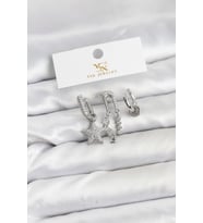 Pirinç Gümüş Renk Zirkon Taşlı Yıldız Vintage Model YSX Trio Küpe Seti - TJ-BKP11563 TG-V 12522