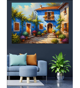 Çiçekli Akdeniz Evi Ve Mavi Dekoratif Kanvas - Mdf Ahşap Tablo