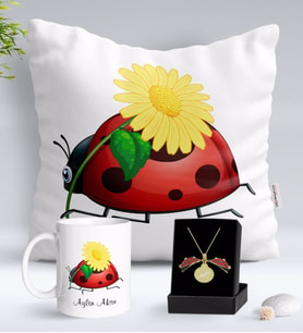BK Gift Kişiye Özel Uğur Böceği Temalı Yastık Kupa ve Açılan Uğur Böceği Kolye Hediye Seti-2 (Model 1)