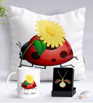 BK Gift Kişiye Özel Uğur Böceği Temalı Yastık Kupa ve Açılan Uğur Böceği Kolye Hediye Seti-2 (Model 1)