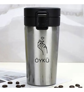 Kişiye Özel Paslanmaz Çelik 380 ml Vakumlu El Kalp Baskılı Termos - Isı Yalıtımlı, Sızdırmaz Kapak (Metal)